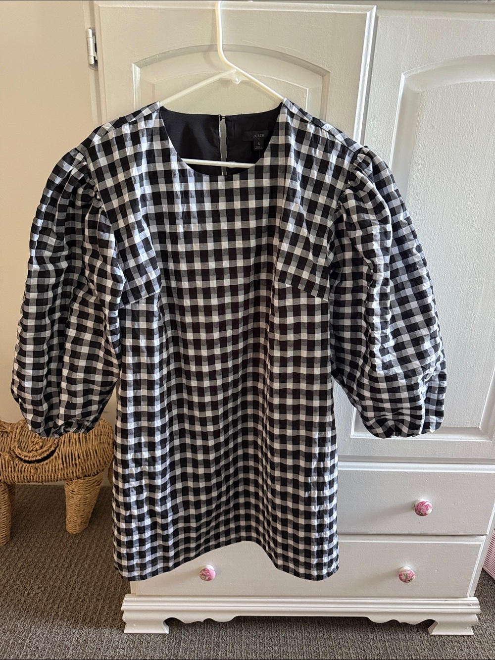 JCrew Black and White Gingham Puff-Sleeve Dress